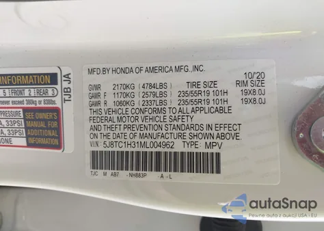 2021 Acura Rdx Standard из США, поврежденный, VIN 5J8TC1H31ML004962